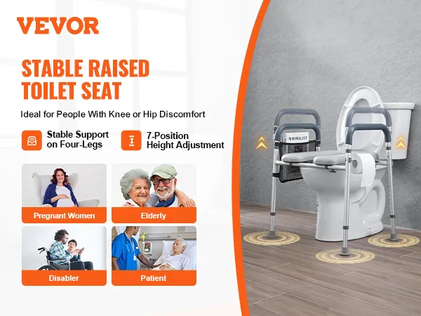 VEVOR raised toilet seat with stable four-leg support, ideal for pregnant women, elderly, and patients.