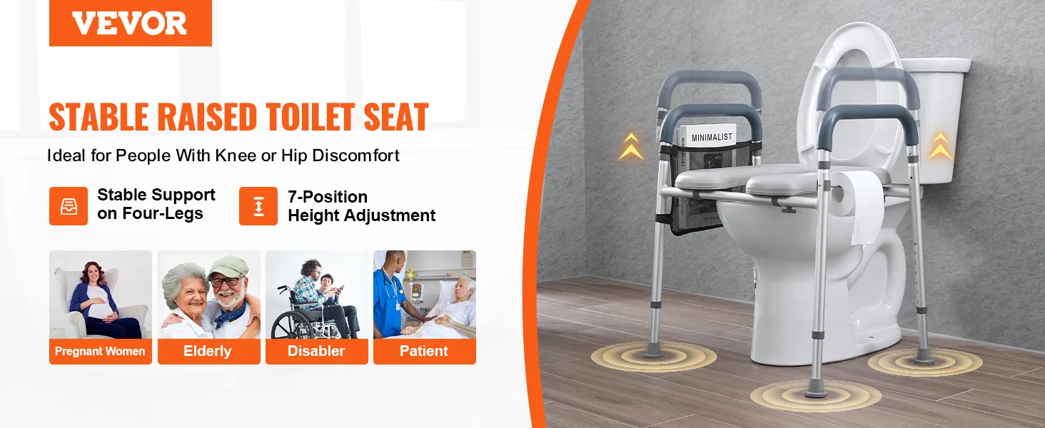 VEVOR raised toilet seat with stable four-leg support, ideal for pregnant women, elderly, and patients.
