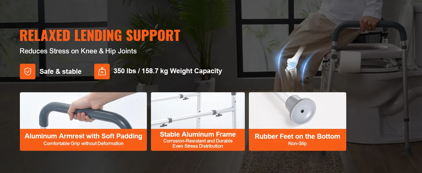 VEVOR raised toilet seat with aluminum armrest, soft padding, stable frame, and non-slip rubber feet.