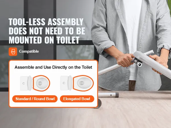 VEVOR raised toilet seat being assembled without tools, compatible with standard and elongated bowls.