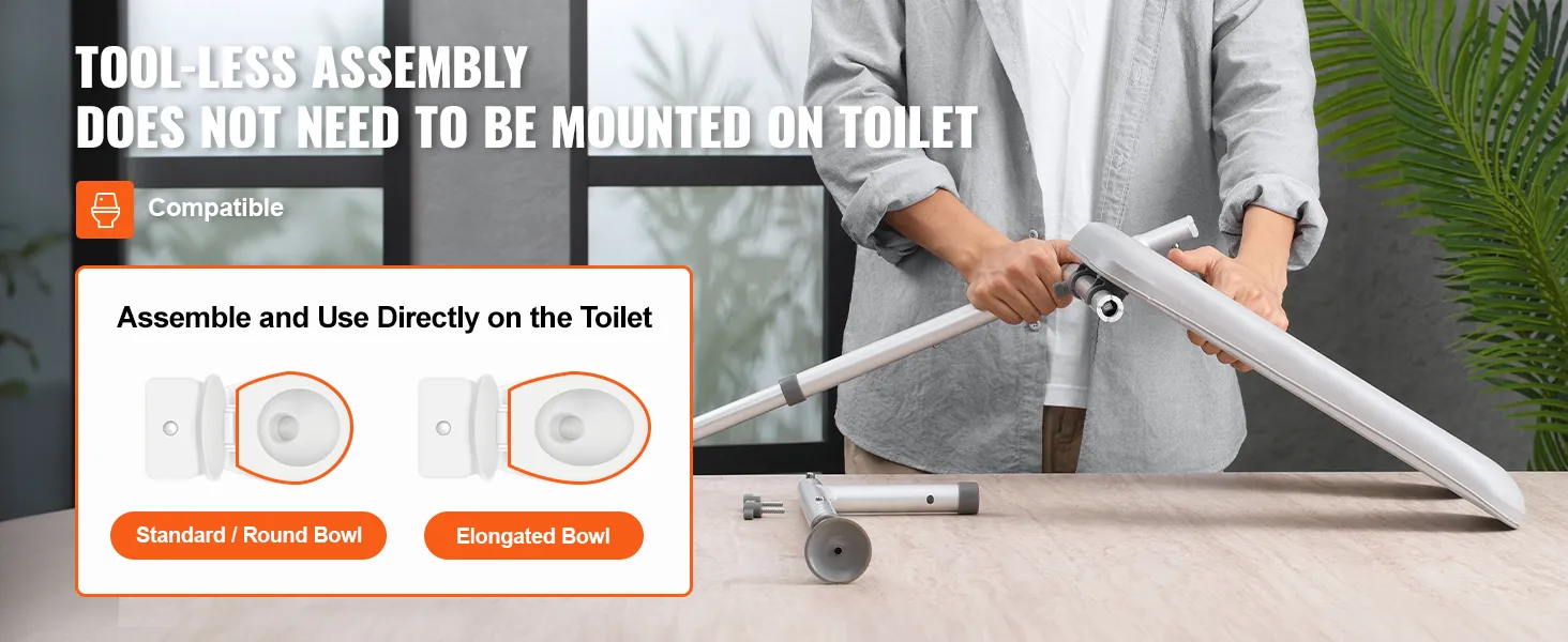 VEVOR raised toilet seat being assembled without tools, compatible with standard and elongated bowls.