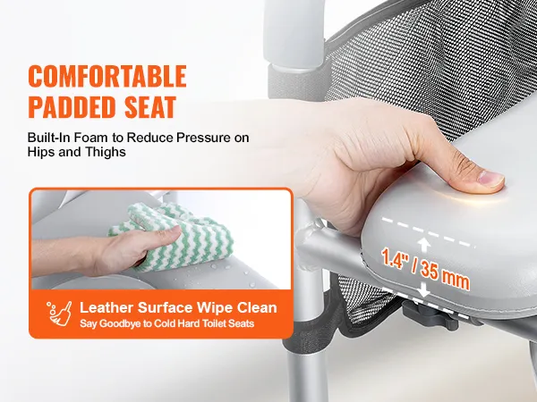 comfortable padded VEVOR raised toilet seat with built-in foam, leather surface, and easy wipe-clean.