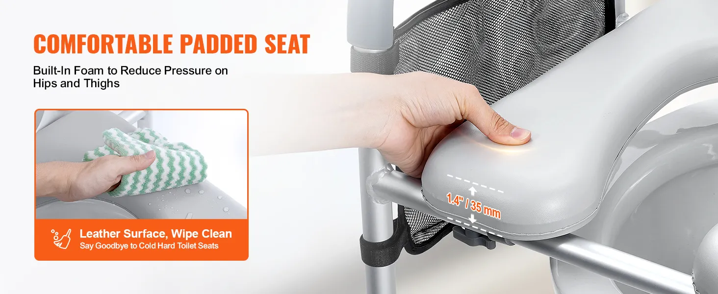 comfortable padded VEVOR raised toilet seat with built-in foam, leather surface, and easy wipe-clean.
