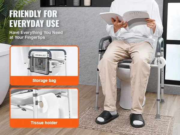 VEVOR raised toilet seat with storage bag and tissue holder for everyday use. cozy and convenient bathroom aid.