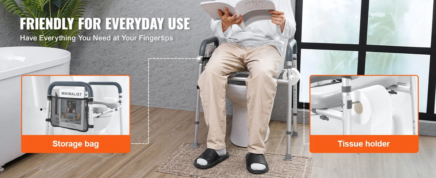 VEVOR raised toilet seat with storage bag and tissue holder for everyday use. cozy and convenient bathroom aid.