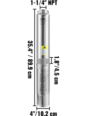 Bomba sumergible para pozo profundo VEVOR con 1-1/4" npt, 35,4" de altura, 1,8" de diámetro, 4" de ancho.