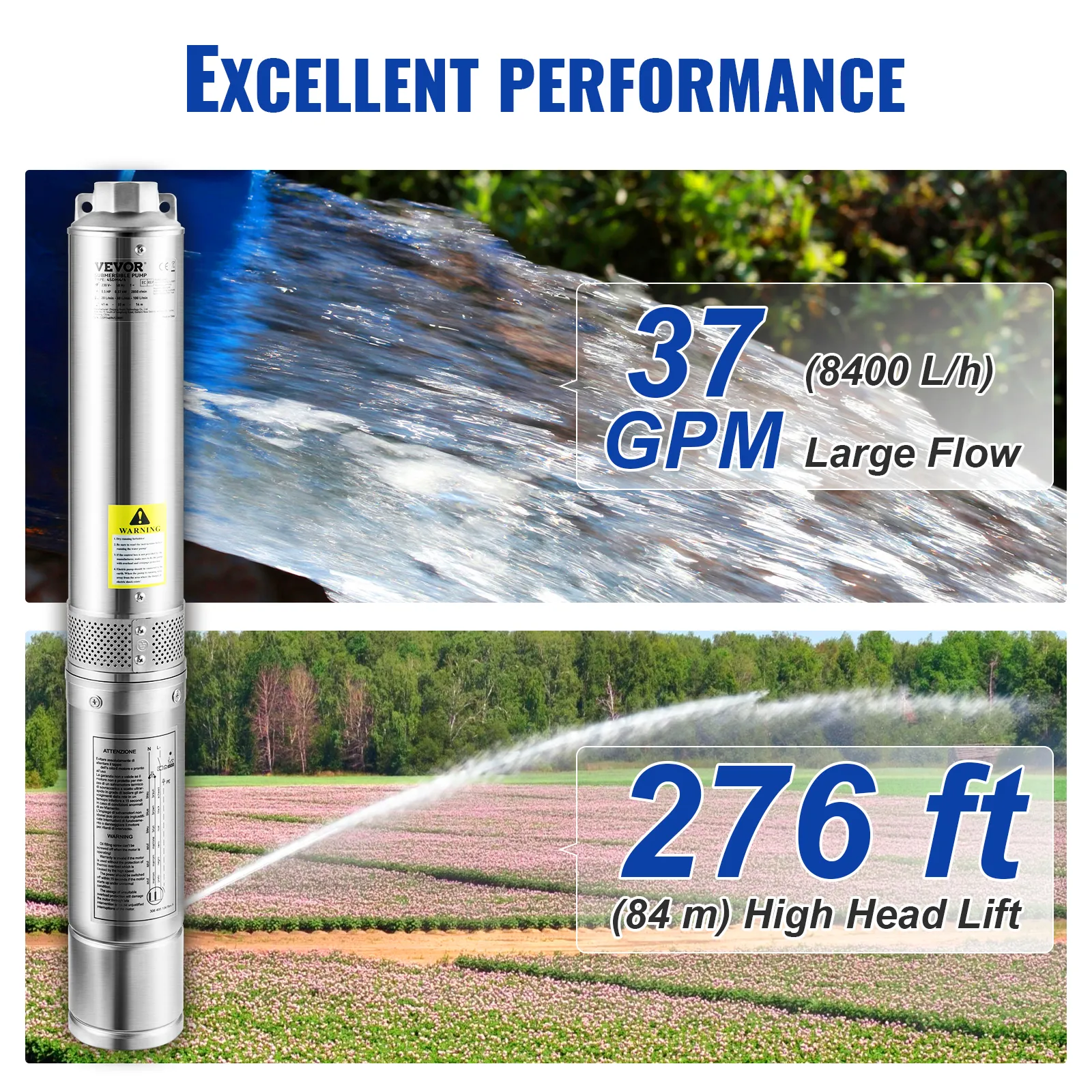 Bomba sumergible para pozo profundo VEVOR con gran caudal de 37 gpm y altura de elevación de 276 pies cerca de cultivos.