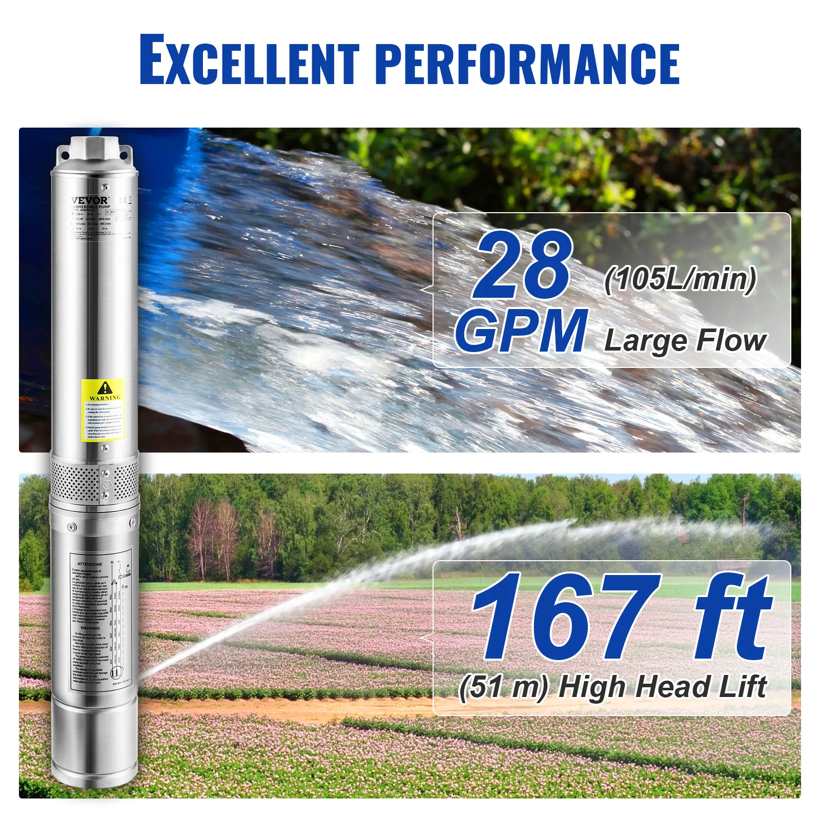 La bomba sumergible para pozo profundo VEVOR proporciona un gran caudal de 28 gpm y una altura de elevación de 167 pies para un riego eficiente.