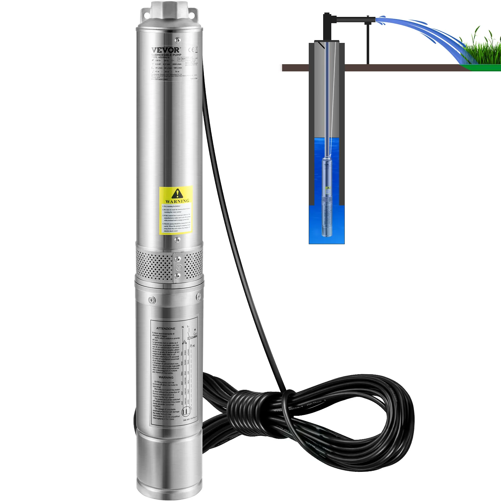 Bomba de pozo profundo VEVOR, acero inoxidable con cable de alimentación enrollado, diagrama que muestra la extracción de agua subterránea.