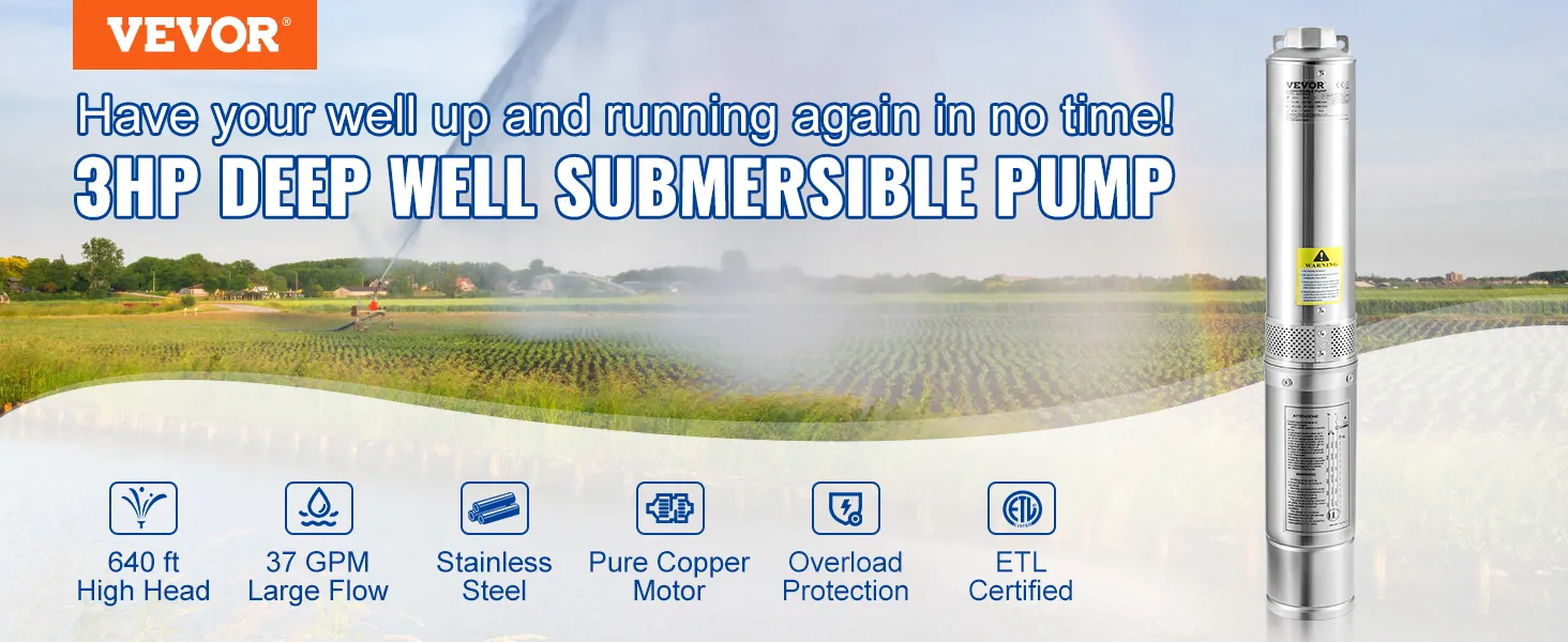 Bomba sumergible VEVOR de 3 hp para pozo profundo, altura de 640 pies, 37 gpm, acero inoxidable, certificación ETL, protección contra sobrecarga.