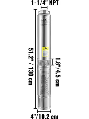 Bomba sumergible VEVOR con dimensiones: altura 51,2"/130 cm, diámetro 4"/10,2 cm, salida 1-1/4" npt.