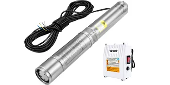 Bomba sumergible VEVOR con cable de alimentación largo y caja de control.