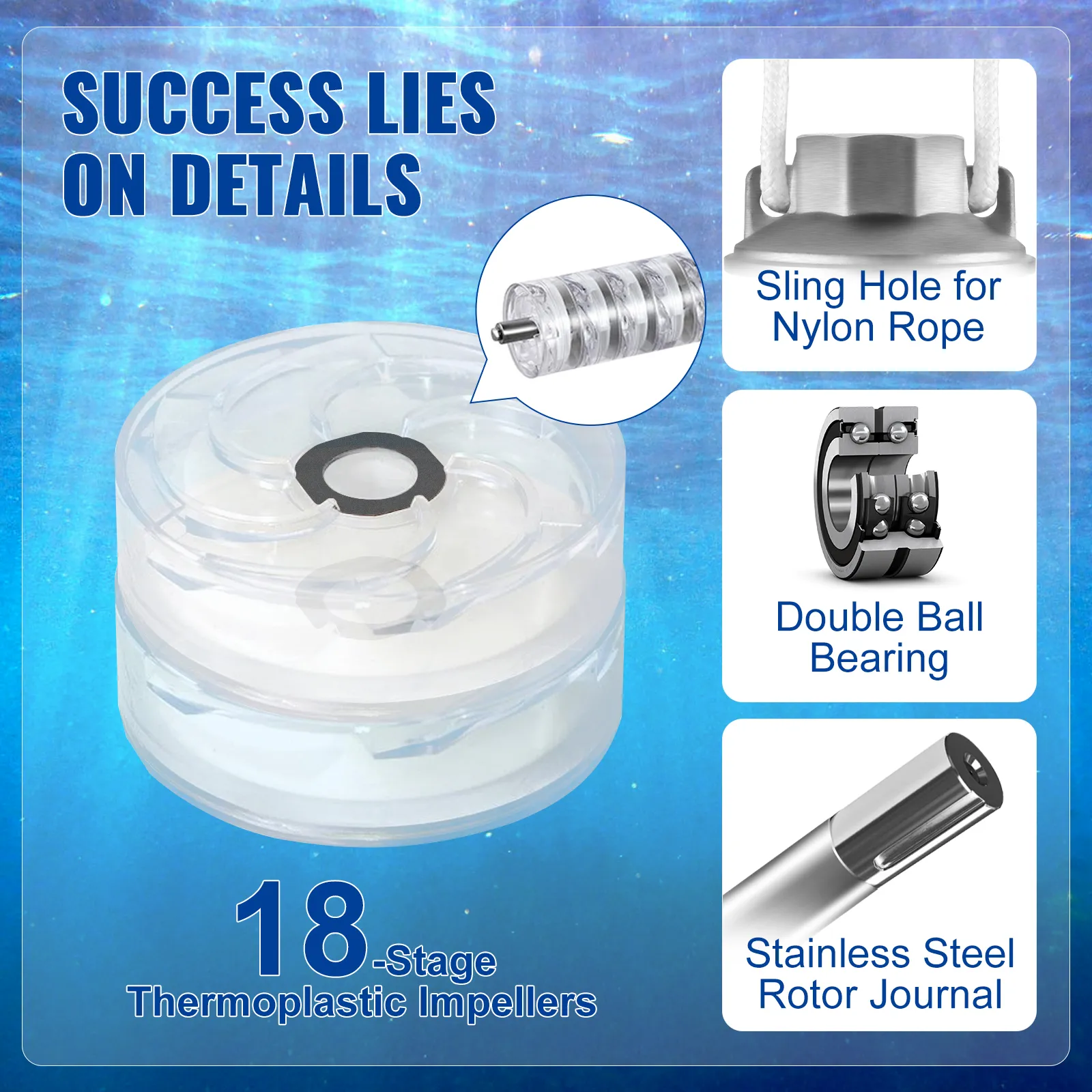 La bomba sumergible VEVOR cuenta con impulsores termoplásticos de 18 etapas y un muñón de rotor de acero inoxidable.