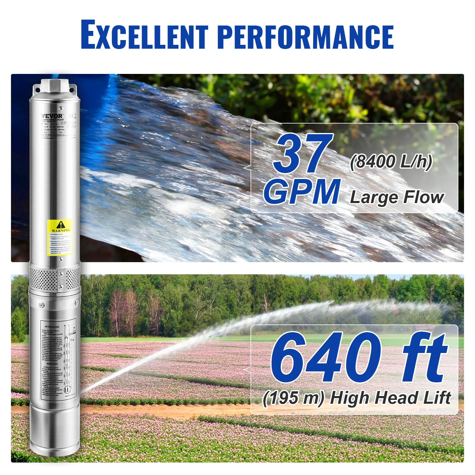Bomba sumergible VEVOR que entrega 37 gpm para un gran caudal y una altura de elevación de 640 pies en un campo.