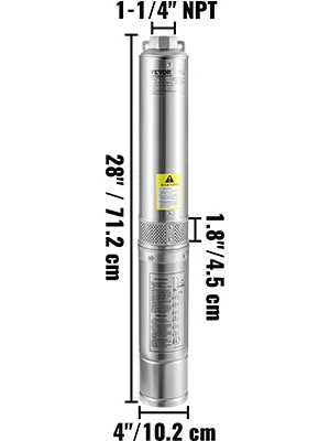 Bomba sumergible para pozo profundo VEVOR, acero inoxidable, 28 pulgadas de alto, medidas resaltadas.