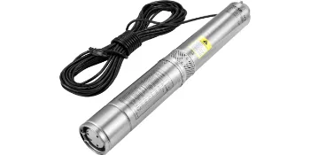 Bomba sumergible para pozo profundo VEVOR con cable negro, cuerpo de acero inoxidable y etiqueta amarilla.