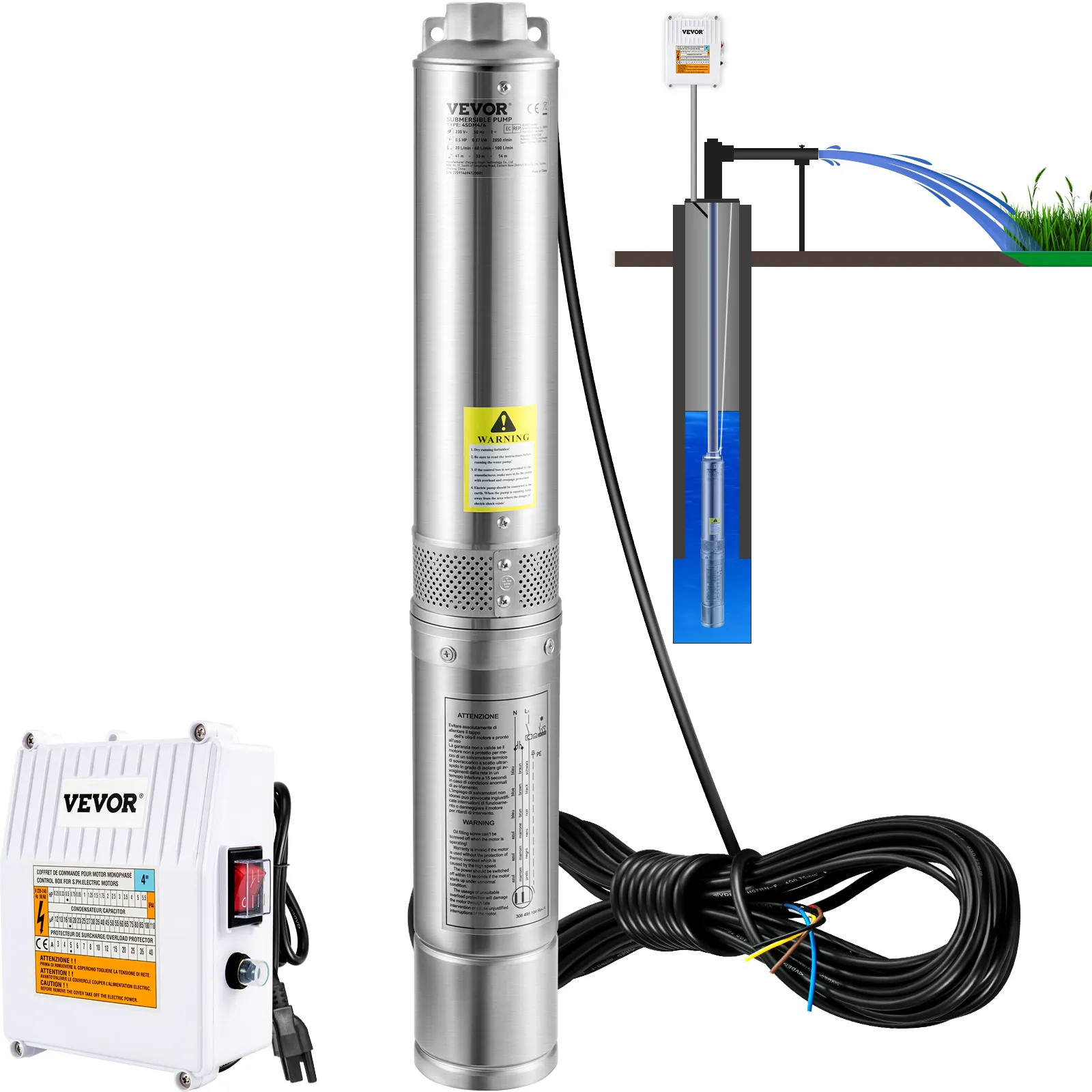 Configuración de bomba sumergible para pozo profundo VEVOR con caja de control, que se muestra en funcionamiento suministrando agua.