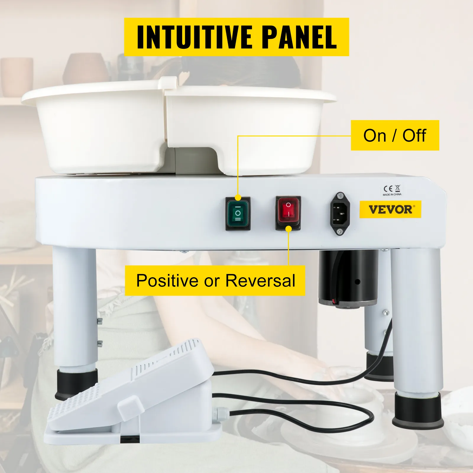 Torno de cerámica VEVOR con panel intuitivo, interruptores de encendido/apagado, control positivo/inverso y pedal.
