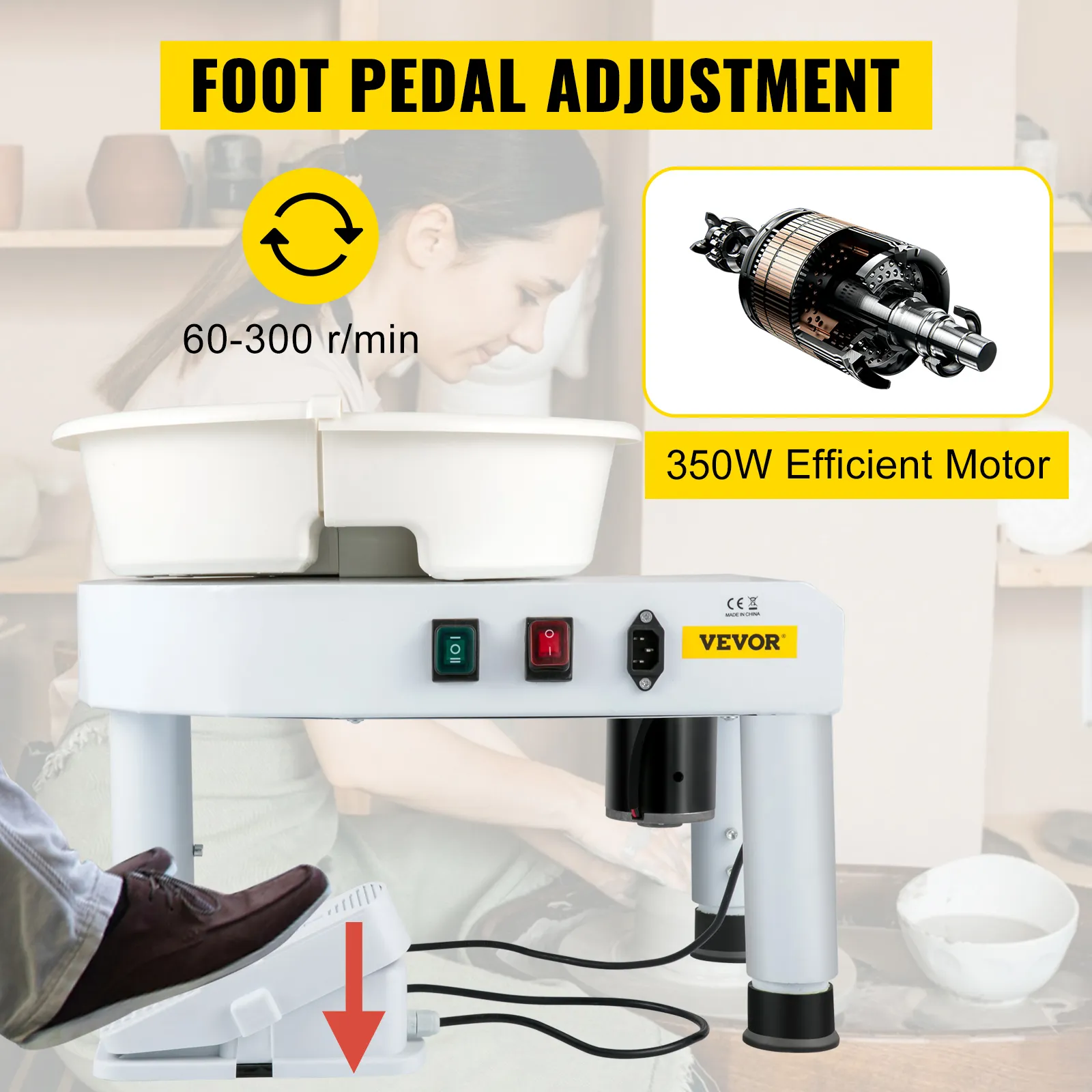 Rueda de cerámica VEVOR con pedal, ajustable de 0 a 300 r/min, motor eficiente de 350 W para la elaboración de cerámica.