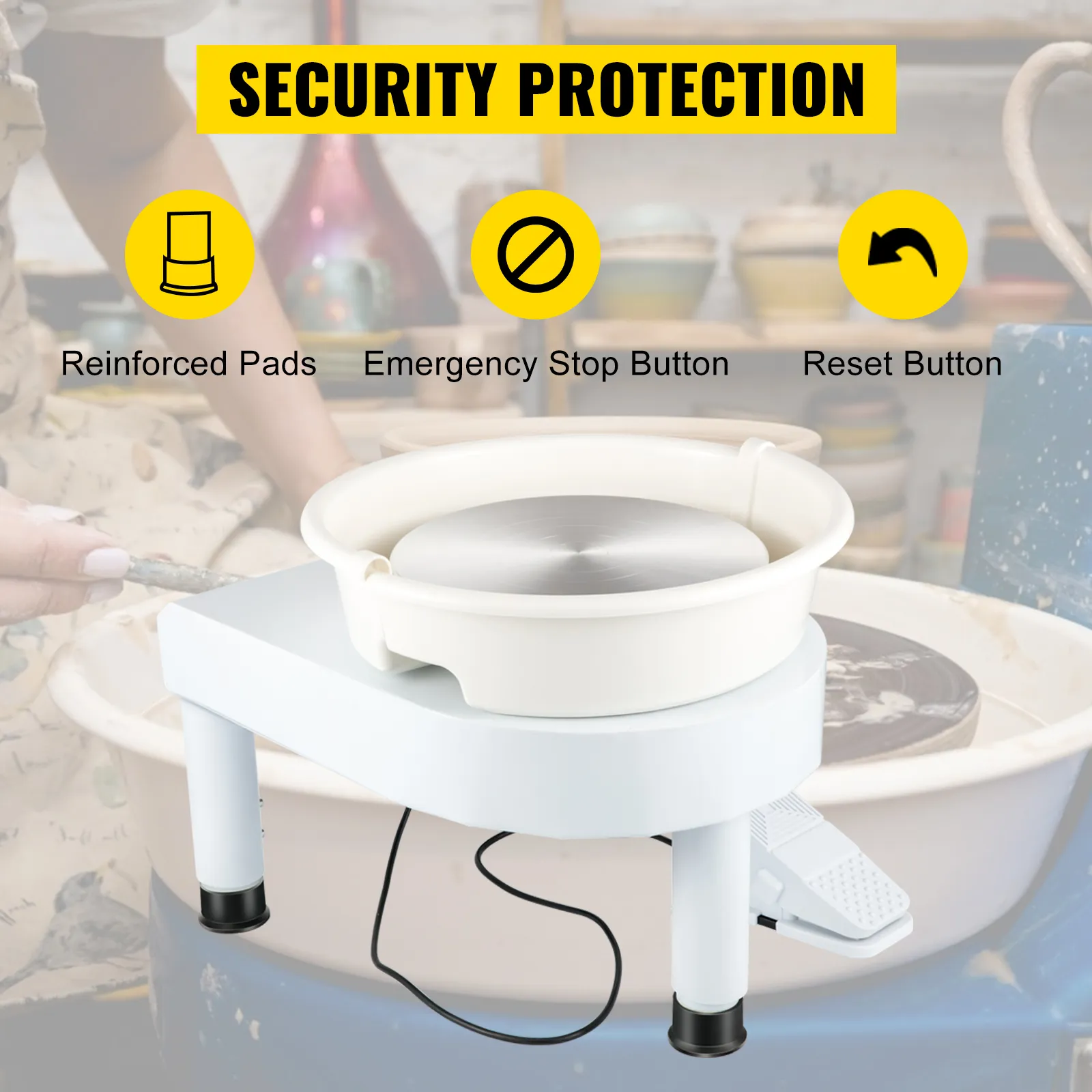 Rueda de cerámica VEVOR con almohadillas reforzadas, botón de parada de emergencia y botón de reinicio para protección de seguridad.