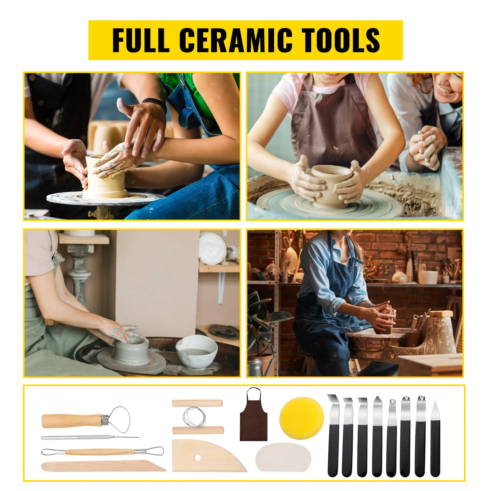 Herramientas cerámicas completas para alfarería, incluido torno de alfarería VEVOR, delantales, herramientas para esculpir y esponja.