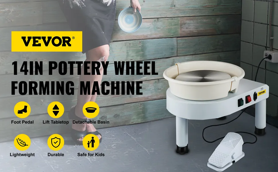 Torno de cerámica VEVOR de 14 pulgadas con pedal, mesa elevable y lavabo desmontable, seguro y duradero.