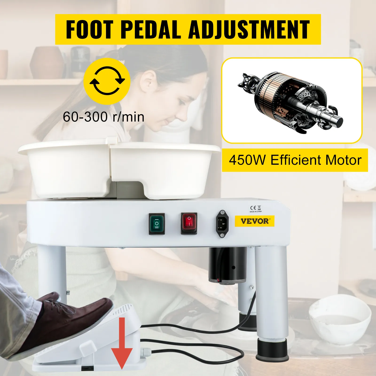 Rueda de cerámica VEVOR con ajuste de pedal, motor eficiente de 450 W y control de velocidad de 0 a 300 r/min.