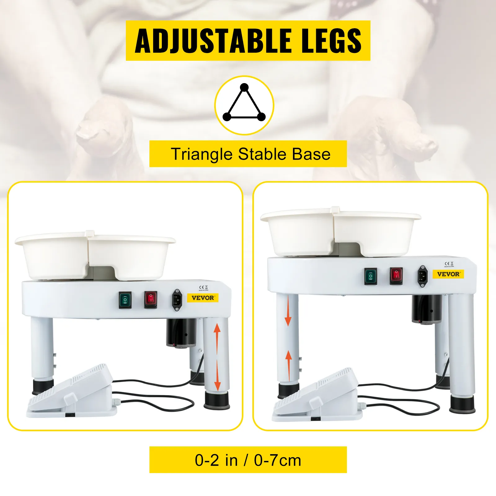 Torno de cerámica VEVOR con patas ajustables, base triangular estable y rango de altura de 0 a 20 cm.