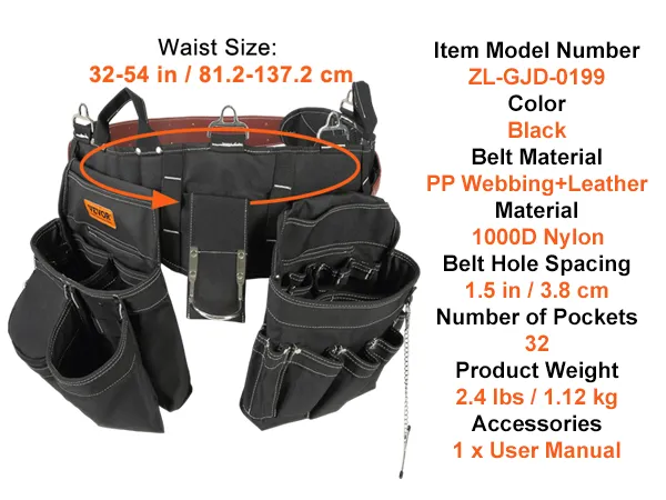 VEVOR gereedschapsriem met 32 zakken, geschikt voor een tailleomvang van 32-54 inch, gemaakt van 1000d nylon in de kleur zwart.