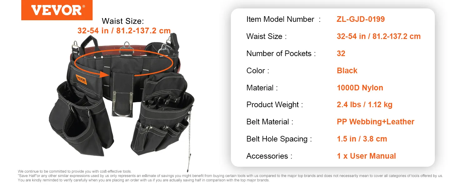 VEVOR gereedschapsriem met 32 zakken, geschikt voor een tailleomvang van 32-54 inch, gemaakt van 1000d nylon in de kleur zwart.