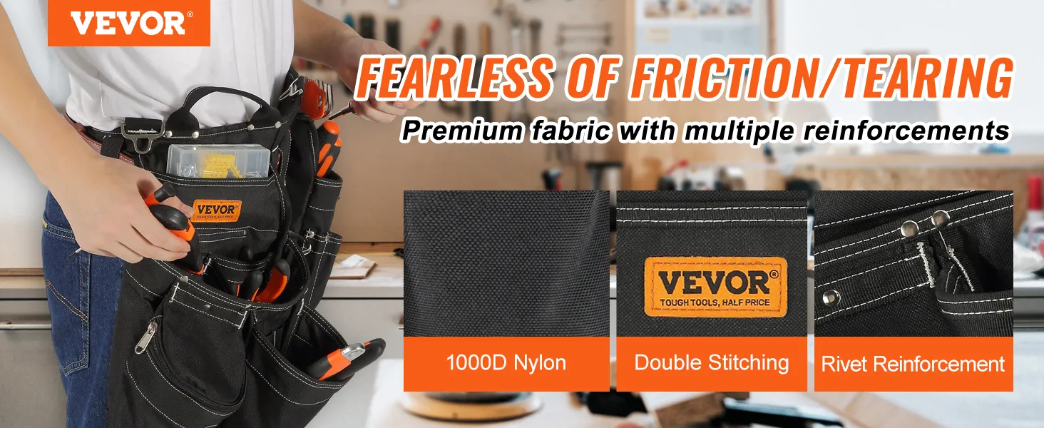VEVOR gereedschapsriem met 1000d nylon, dubbele stiksels en klinknagelversterking voor optimale duurzaamheid.