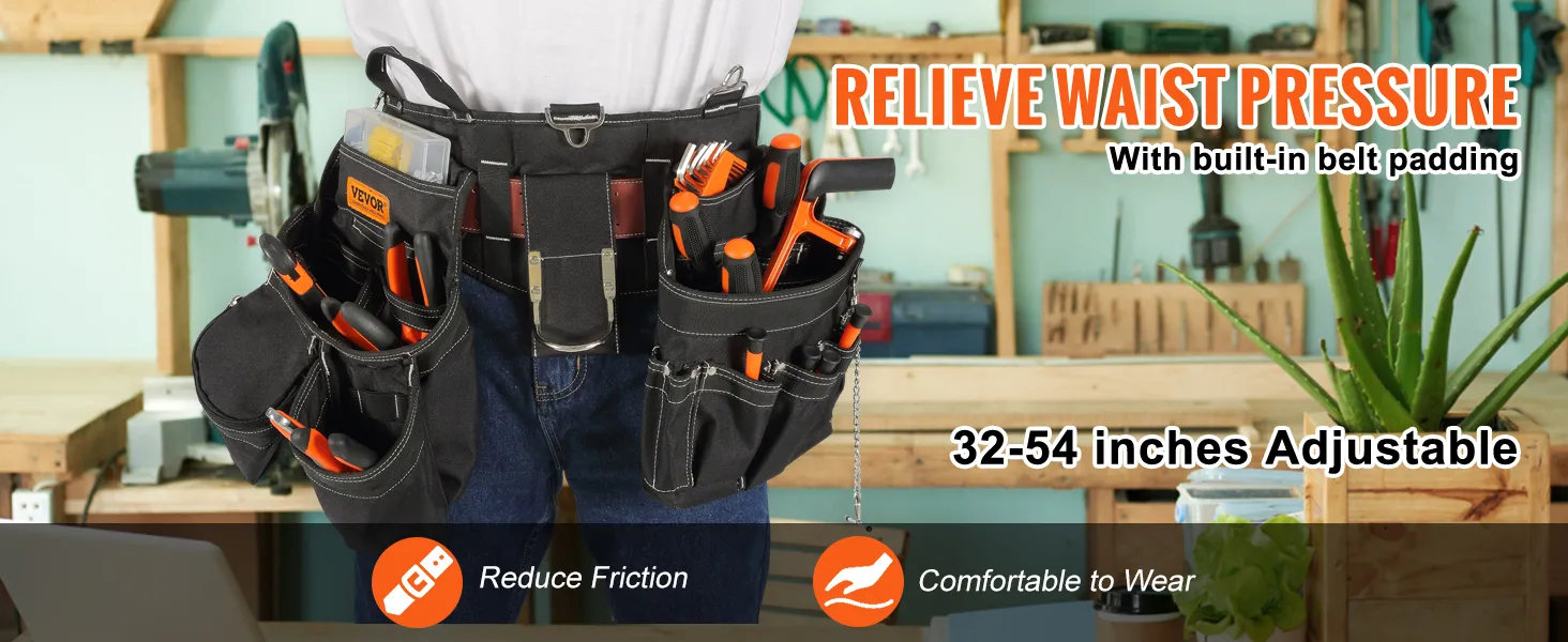 persoon die een VEVOR gereedschapsriem met meerdere zakken draagt, verlicht de druk op de taille, verstelbaar van 32-54 inch.