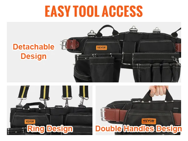 VEVOR gereedschapsriem met ringontwerp, schouderbanden, dubbele handgrepen en afneembare zakken.
