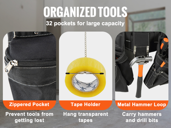VEVOR Tool Belt, 32 Pockets, Adjusts from 32 Inches to 54