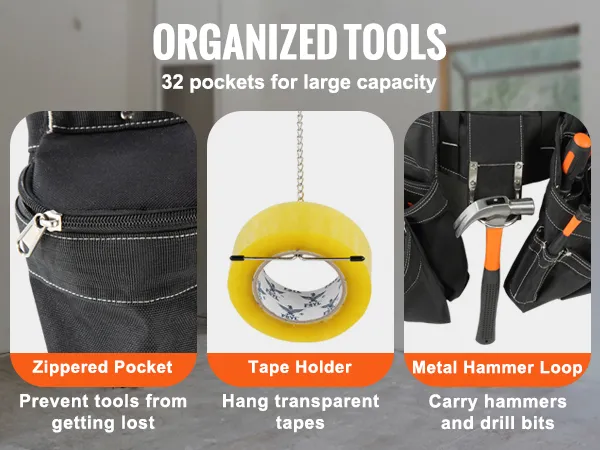 VEVOR gereedschapsriem met 32 zakken, ritsvak, metalen hamerlus en tapehouder.