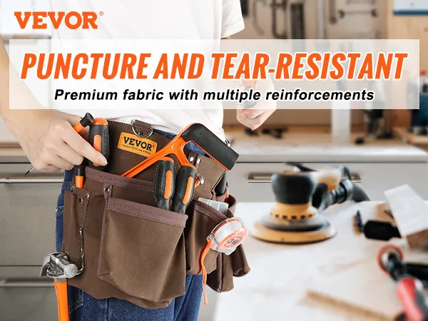 Cinturón de herramientas VEVOR con varias herramientas que presenta cuero de gamuza sintética, costura doble y refuerzo de remaches.