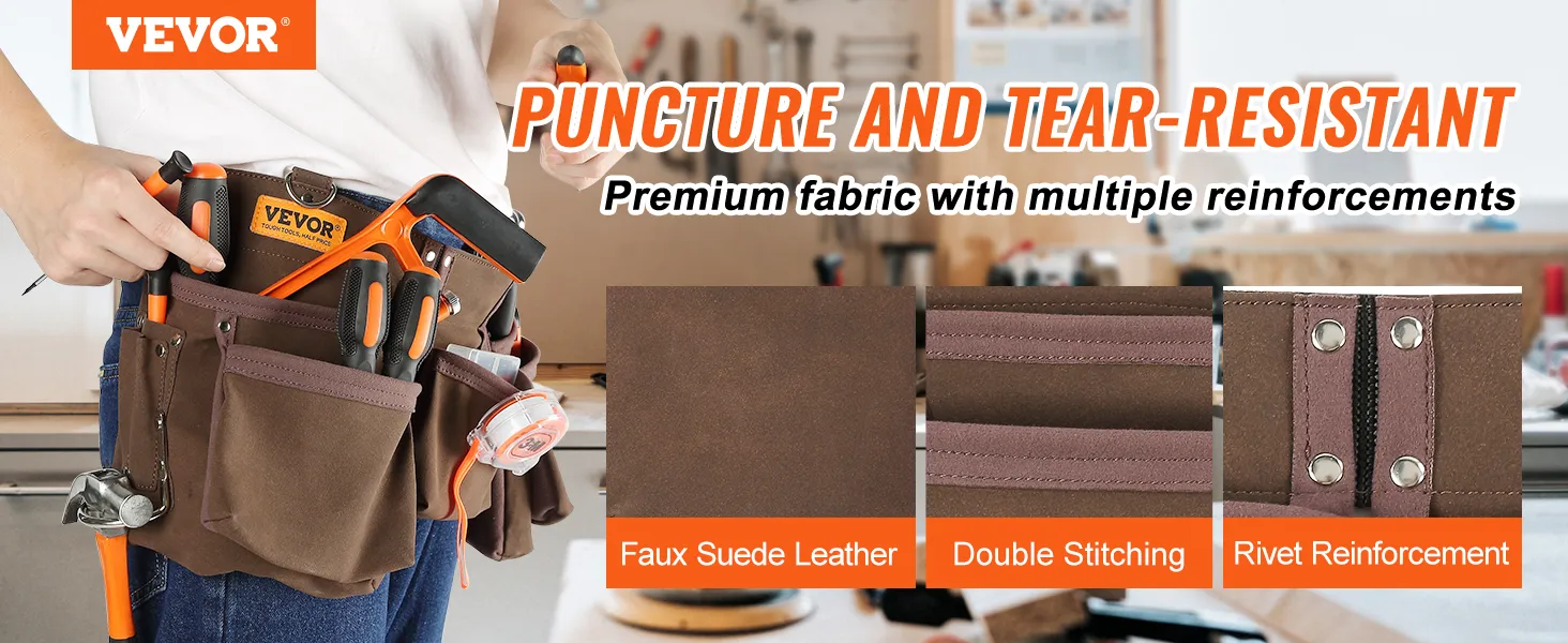 Cinturón de herramientas VEVOR con varias herramientas que presenta cuero de gamuza sintética, costura doble y refuerzo de remaches.
