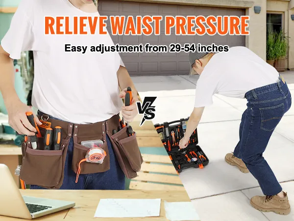 Hombre usando el cinturón de herramientas VEVOR en el taller, mostrando facilidad de ajuste y comodidad mejorada.