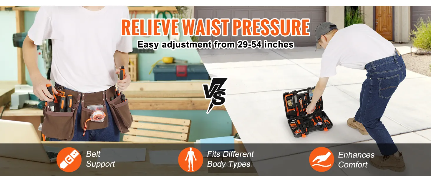 Hombre usando el cinturón de herramientas VEVOR en el taller, mostrando facilidad de ajuste y comodidad mejorada.