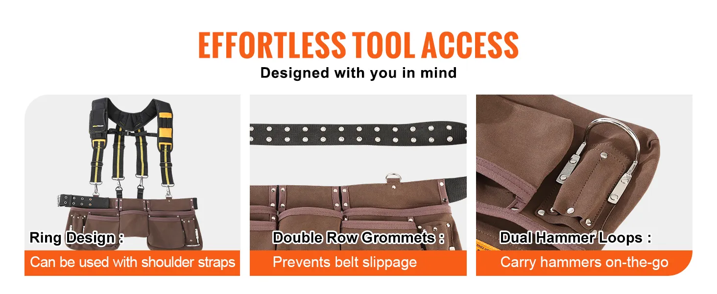 Cinturón de herramientas VEVOR con diseño de anillo para correas de hombro, ojales de doble fila y presillas dobles para martillo.