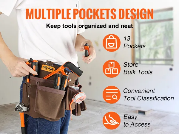 Cinturón de herramientas VEVOR con diseño de múltiples bolsillos, que mantiene las herramientas organizadas y de fácil acceso.