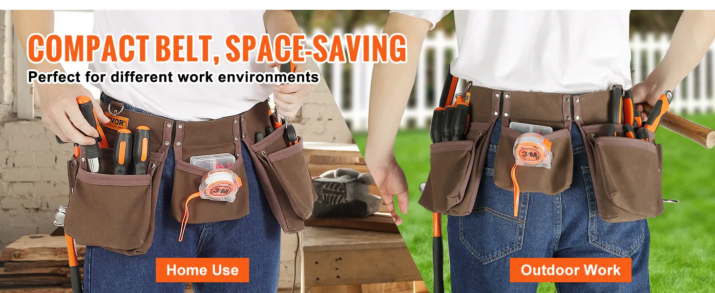 Cinturón de herramientas VEVOR, ideal para uso doméstico y exterior, cuenta con múltiples bolsillos para un almacenamiento eficiente.
