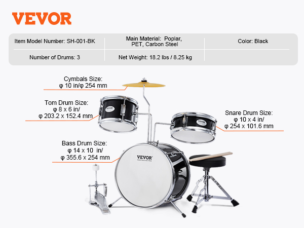 VEVOR Kids Drum Set, 3-Piece, 14 in Beginner Drum Set with