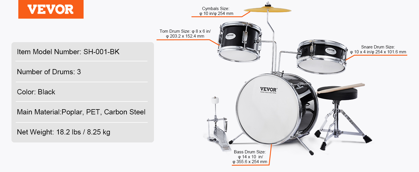 VEVOR Kids Drum Set, 3-Piece, 14 in Beginner Drum Set with