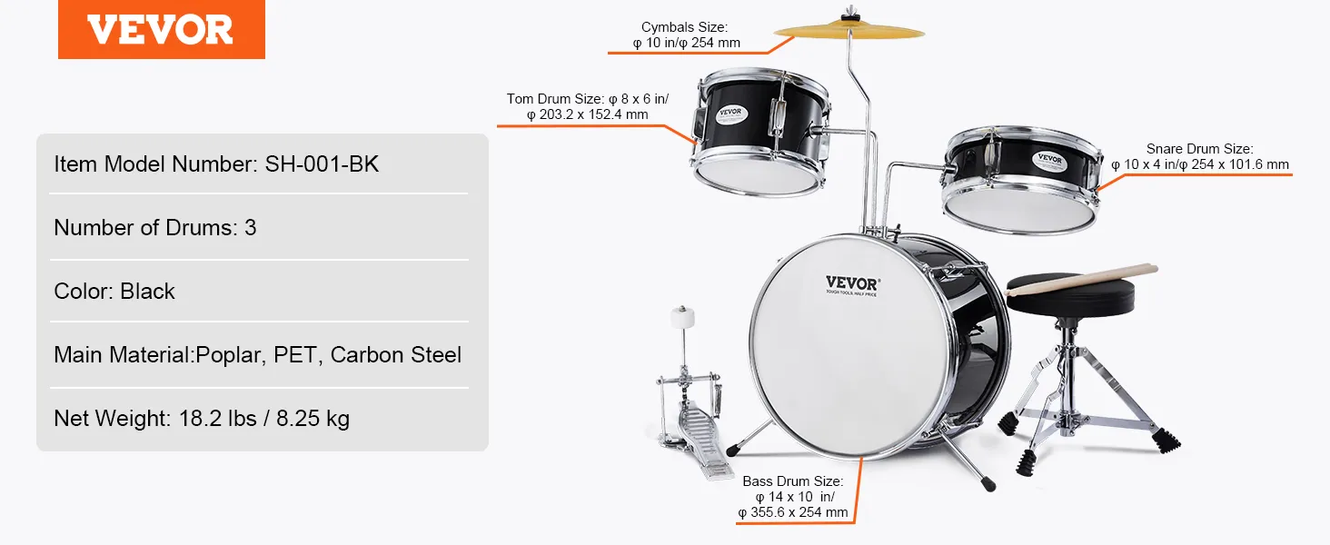 VEVOR kids drum set with three black drums, cymbals, stool, and drumsticks, model sh-001-bk.