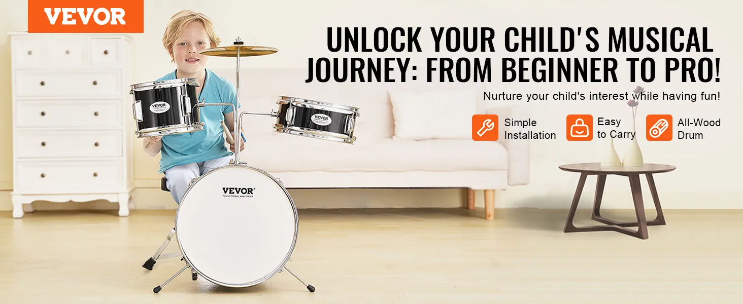 child playing VEVOR kids drum set in bright room, highlighting simple installation and all-wood drum.