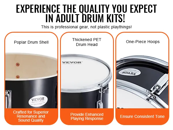 high-quality VEVOR kids drum set with poplar drum shell, thickened pet drum head, and one-piece hoops.