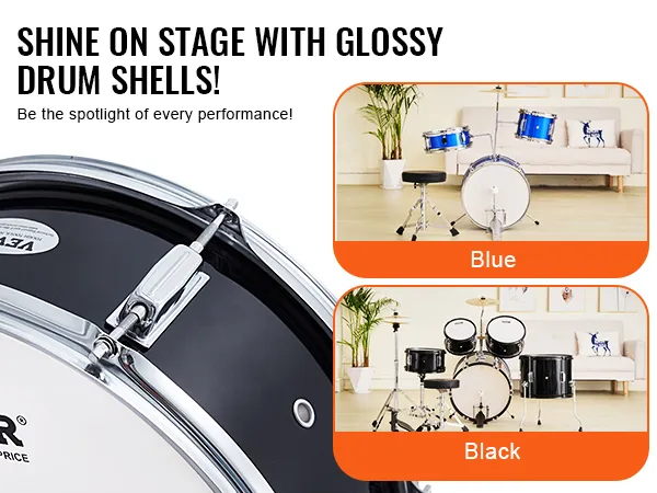 VEVOR kids drum set in blue and black with glossy shells, displayed in a living room setting.
