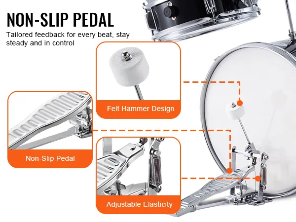 non-slip pedal with felt hammer and adjustable elasticity on a VEVOR kids drum set.