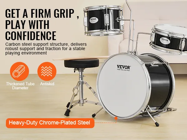 VEVOR kids drum set with carbon steel support, thickened tube diameter, and antiskid features.